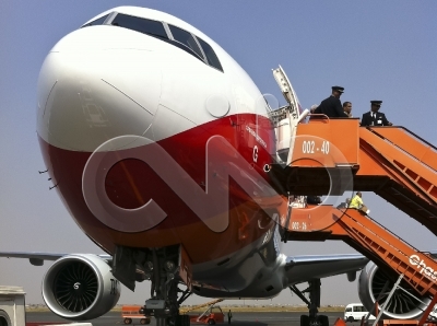 TAAG - the new Boeing 777-300ER named Sagrada EsperanÃ§a at the 4 de Fevereiro National Airport, Luanda, Angola.